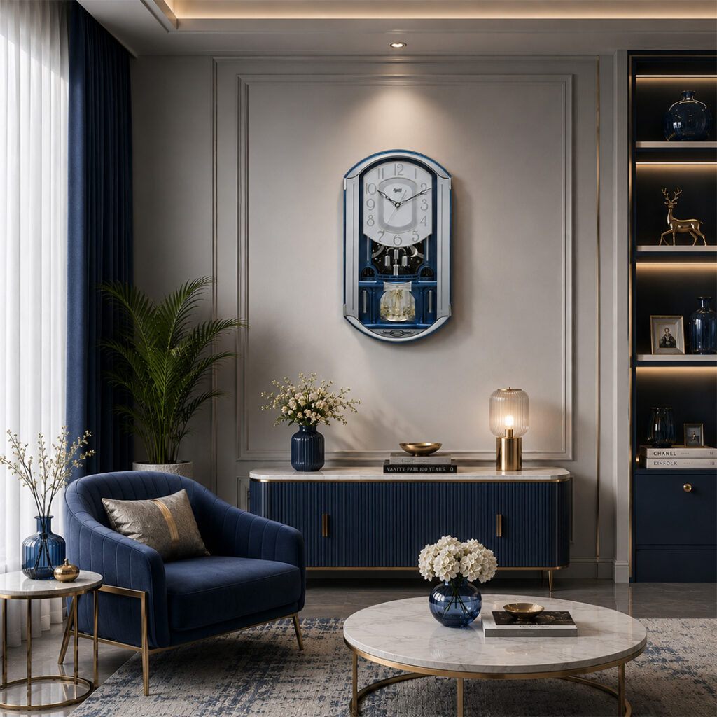 Classic Musical Pendulum Quartz Wall Clock with Decorative Diamonds – 2627 – Blue