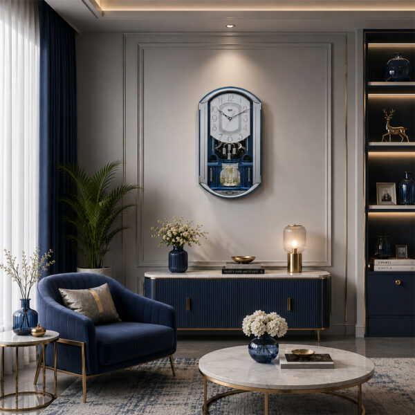 Classic Musical Pendulum Quartz Wall Clock with Decorative Diamonds – 2627 – Blue