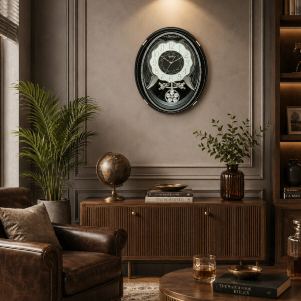 Classic Musical Pendulum Quartz Wall Clock with Decorative Diamonds – 3127 – Gun Metal