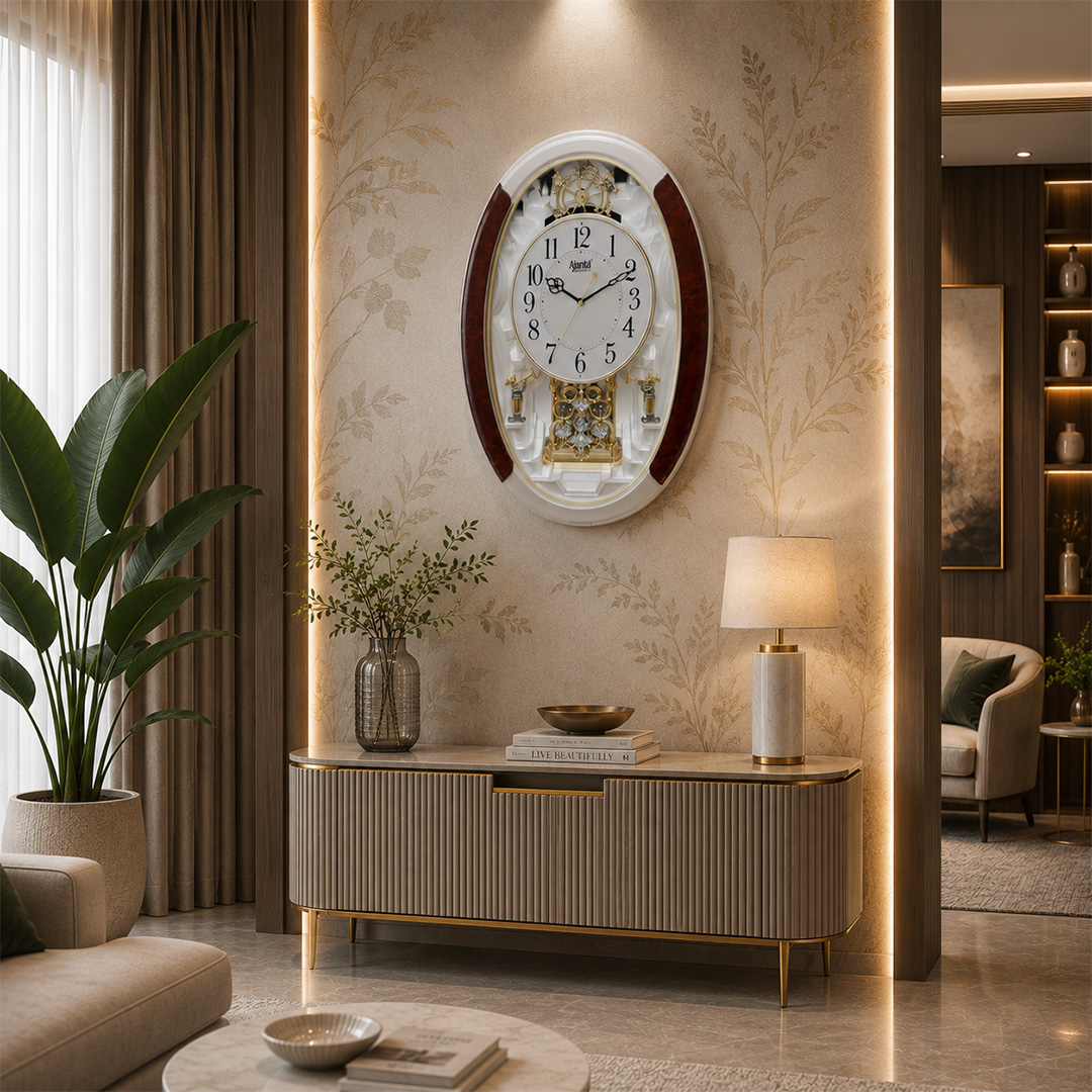 AD - Wall Clock – Classic Musical Pendulum Quartz Wall Clock – Pendulum Clock with Swarovski Elements – 3527 – Pearl White
