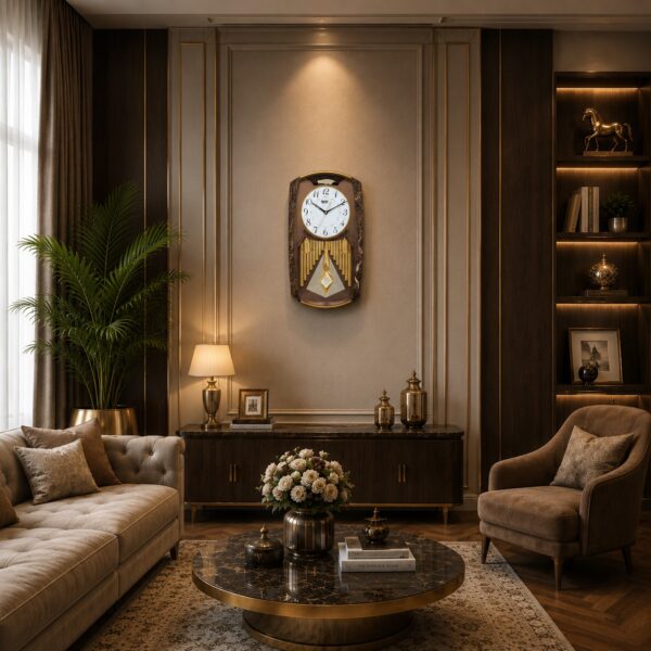 Classic Musical Pendulum Quartz Wall Clock with Decorative Diamonds – 3227 – Brown