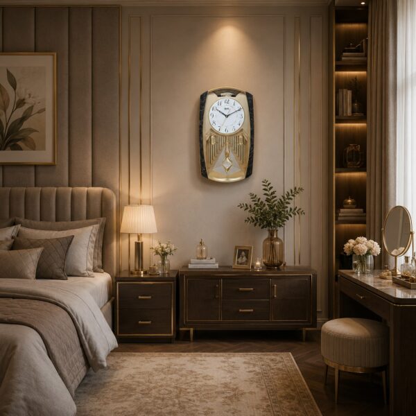 Classic Musical Pendulum Quartz Wall Clock with Decorative Diamonds – 3227 – Golden