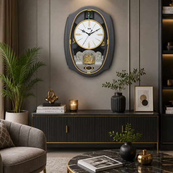 Wall Clock – Classic Musical Pendulum Quartz Wall Clock – Pendulum Clock – 6427 – Gun Metal (1)