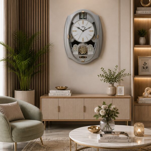 Wall Clock – Classic Musical Pendulum Quartz Wall Clock – Pendulum Clock – 6427 – Silver (1)