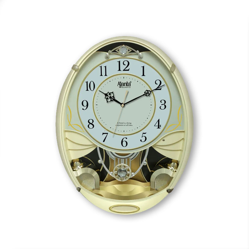 Wall Clock - Classic Musical Pendulum Quartz Wall Clock - Pendulum Clock with Decorative Daimonds - 3927 - Ivory