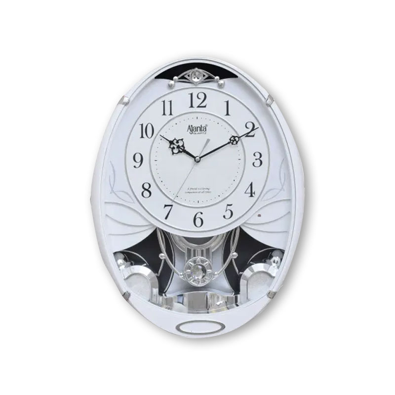 Wall Clock - Classic Musical Pendulum Quartz Wall Clock - Pendulum Clock with  Decorative Daimonds  - 3927 - White