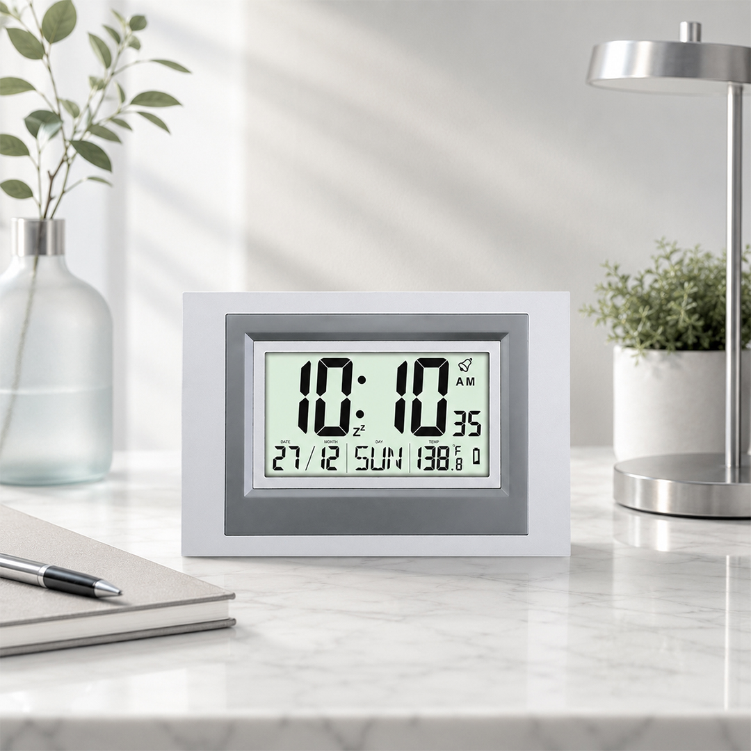 Wall Clock – Desktop Display – LCD Clock – Calendar Clock – LCD 145 – SILVER Wall Clock - Desktop Display - LCD Clock - Calendar Clock - LCD 145 - SILVER - Image 1